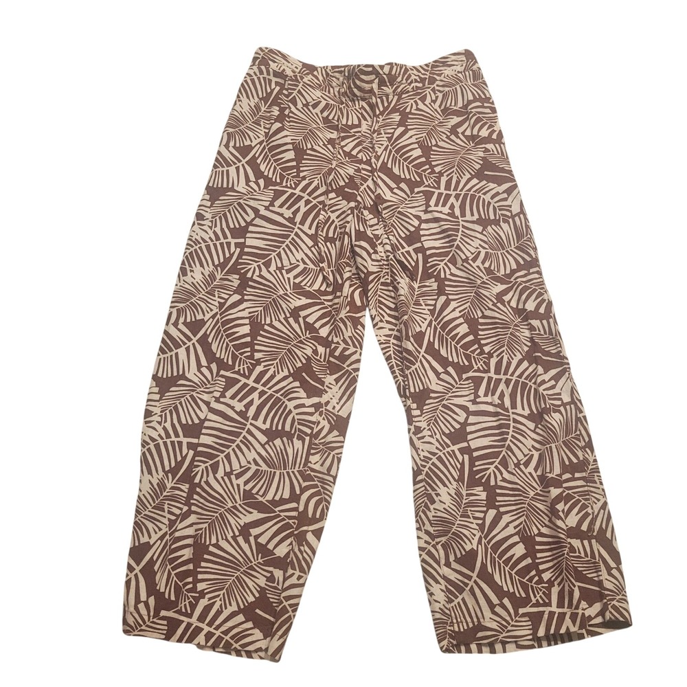 Alexander Jordan NEW Linen Blend Wide Leg Pants Brown White Leaf Print Cropped S